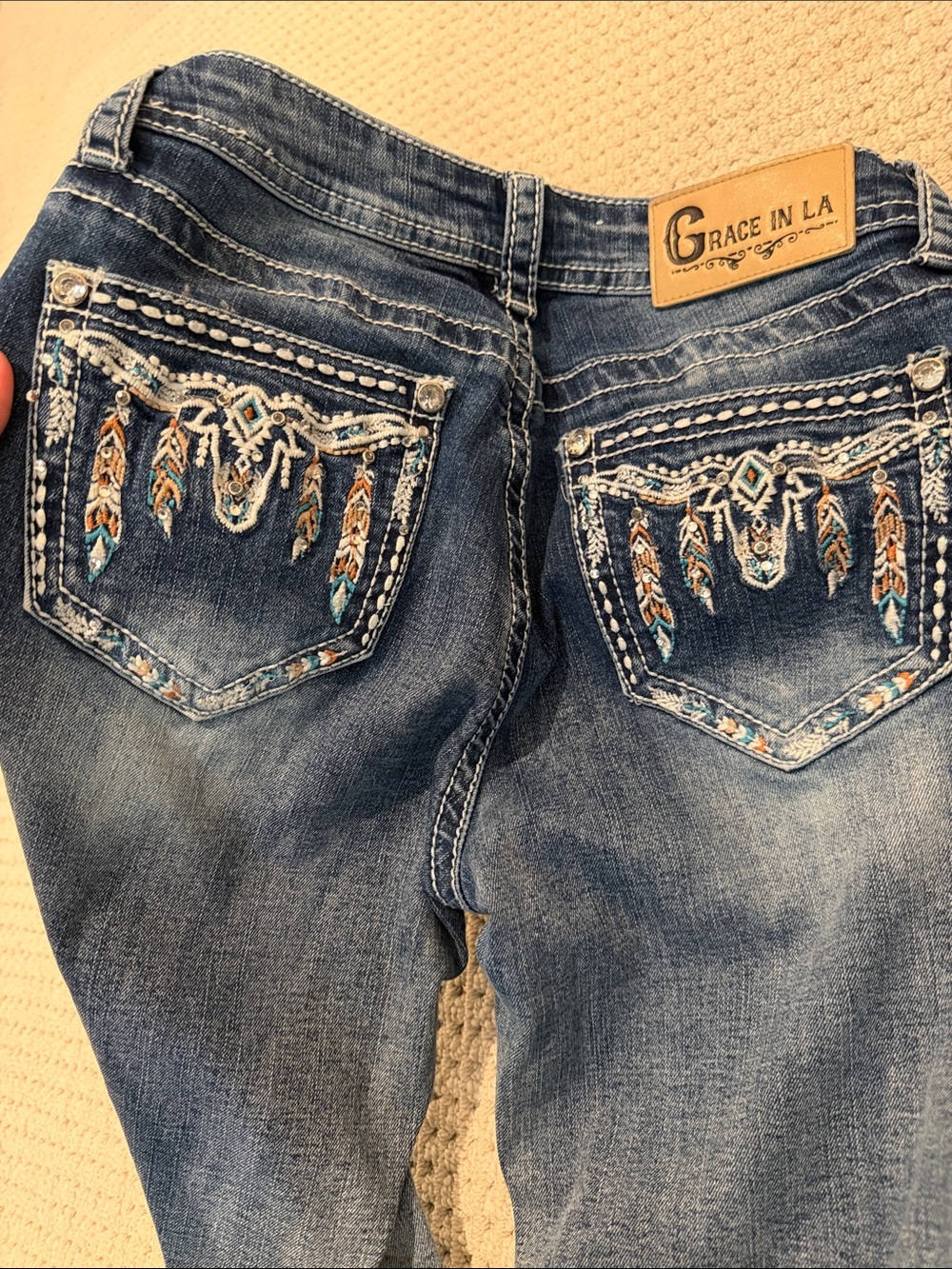 Grace in LA feather embroidery jeans embellished rhinestone size 25 western - Picture 4 of 8